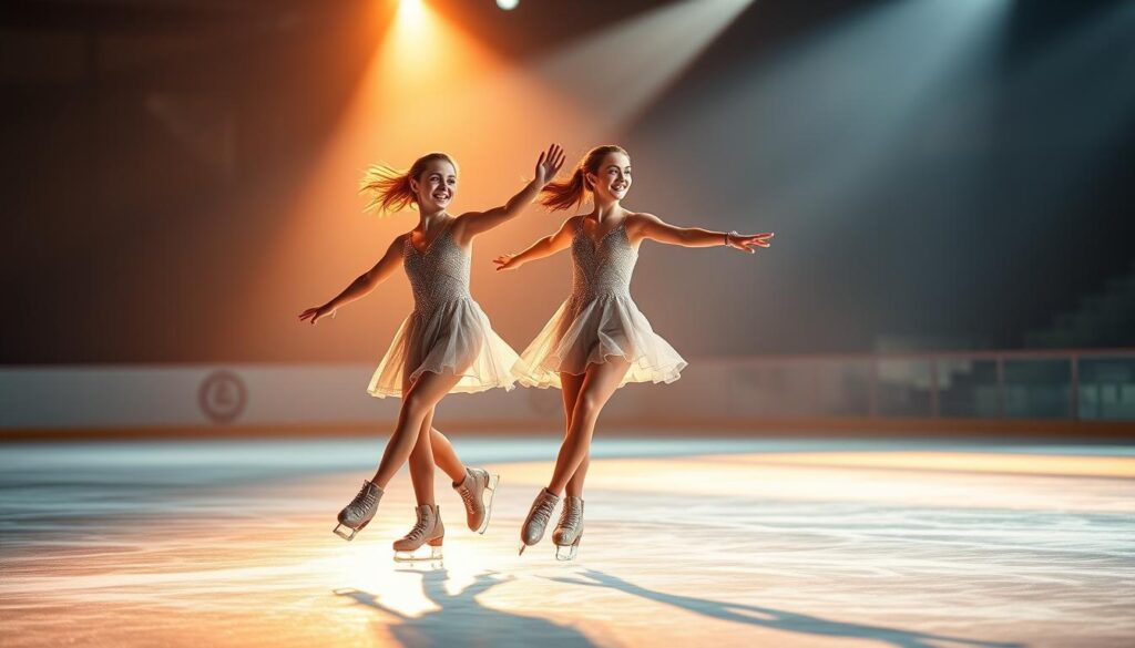 Ice skating champions twin sisters performing synchronized routine
